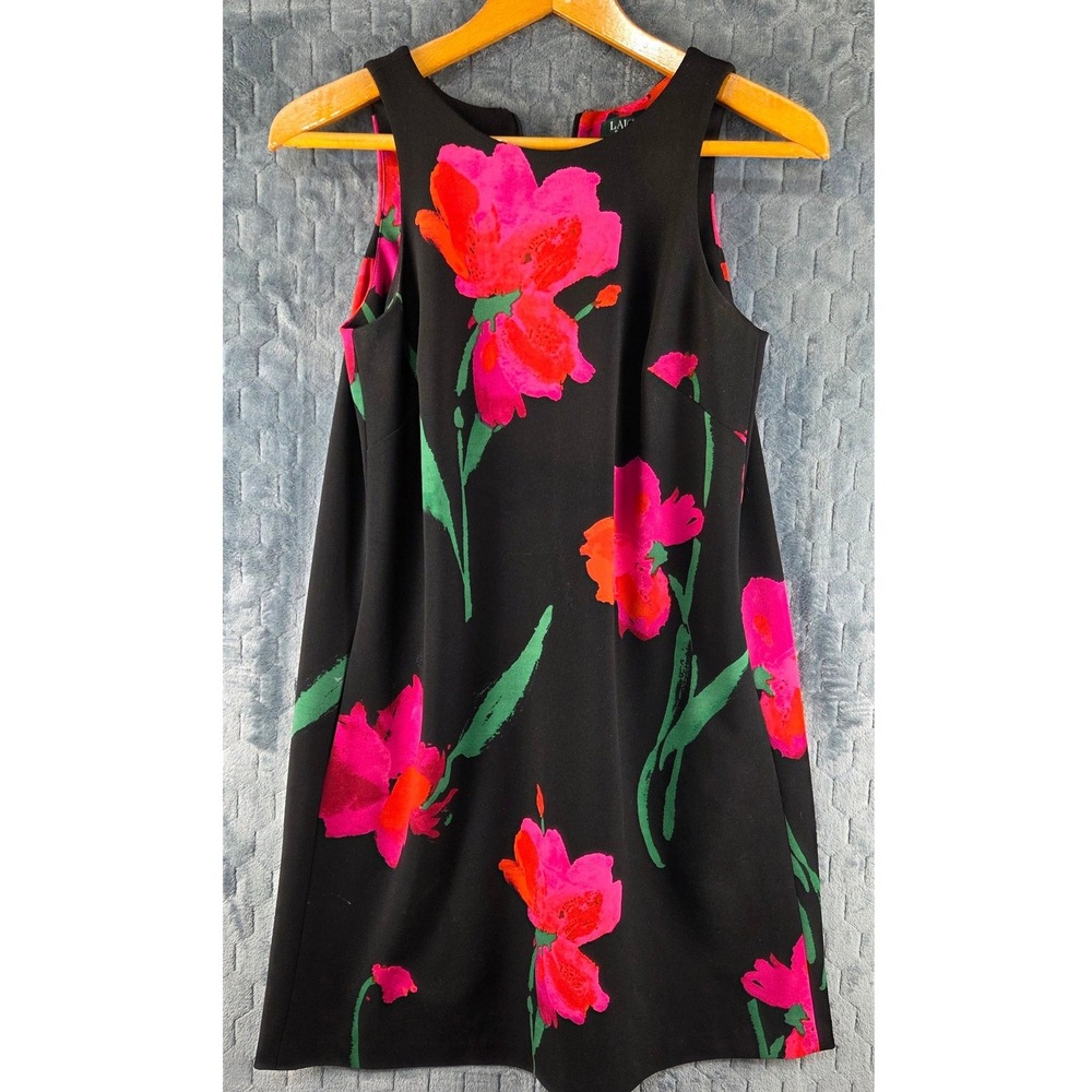 Lauren Ralph Lauren Black Floral Sleeveless Shift Dress Pink Orange Green Size 8